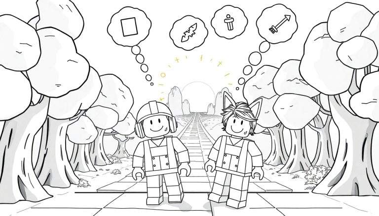 Deux personnages de style Lego, l'un avec un casque, l'autre avec des oreilles de chat, se tiennent devant un paysage avec des arbres et des montagnes. Des bulles de pensée montrent des symboles.