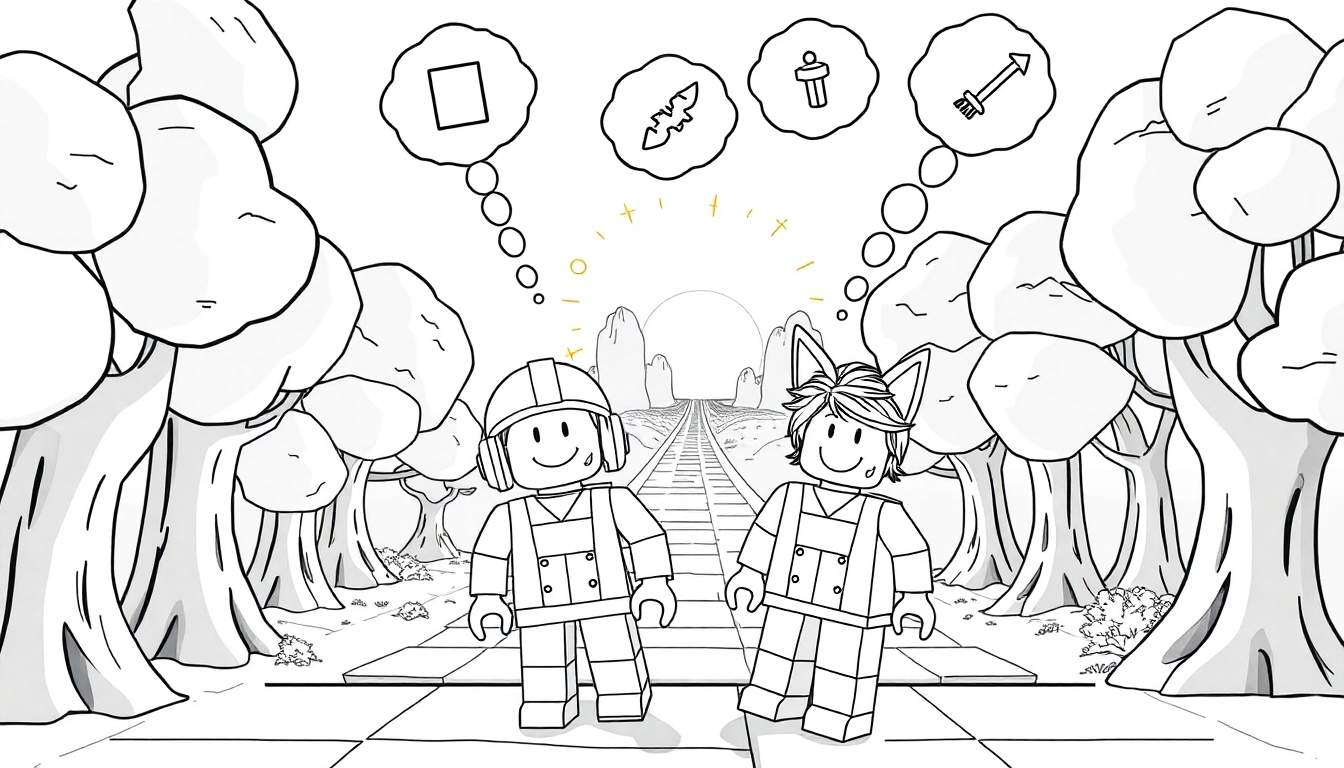 Deux personnages de style Lego, l'un avec un casque, l'autre avec des oreilles de chat, se tiennent devant un paysage avec des arbres et des montagnes. Des bulles de pensée montrent des symboles.