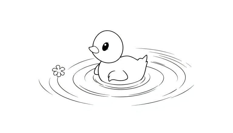 Dessin au trait d'un adorable canard noir et blanc dans un étang avec une petite fleur, style color panel.