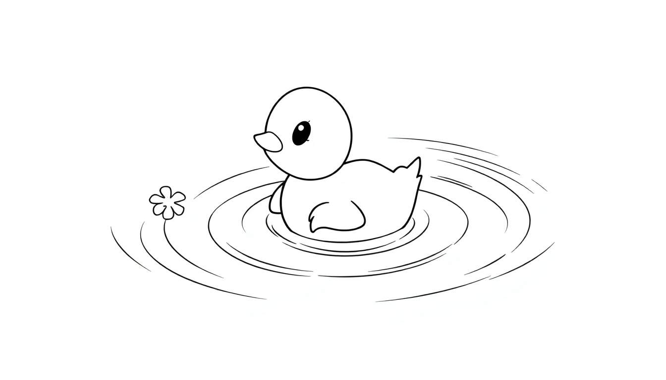 Dessin au trait d'un adorable canard noir et blanc dans un étang avec une petite fleur, style color panel.