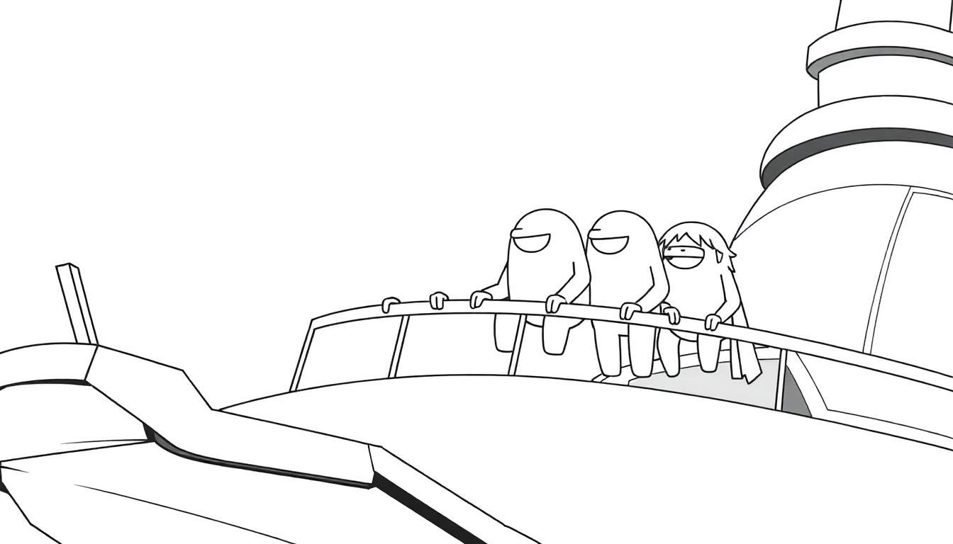 Dessin au trait en noir et blanc de trois personnages de type Among Us sur le pont d'un bateau.