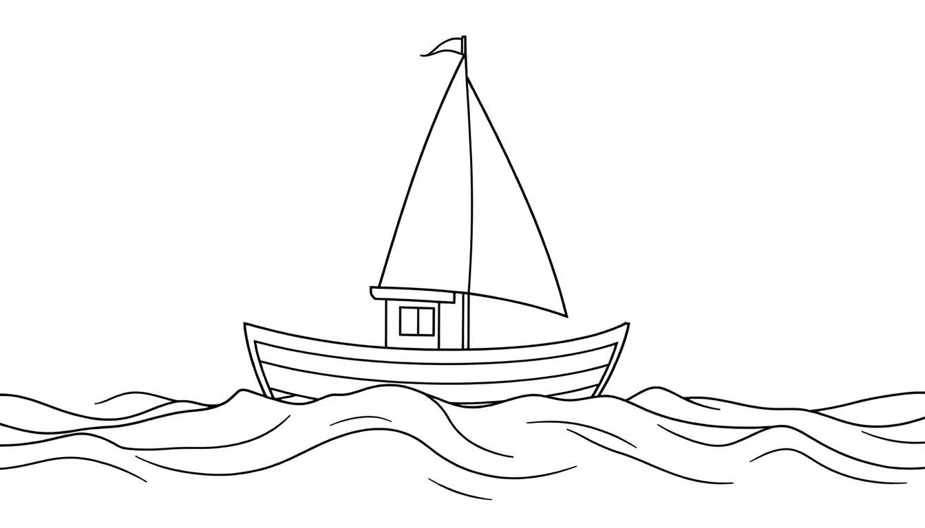 Dessin au trait d'un voilier avec une voile triangulaire et un drapeau, naviguant sur des vagues. Le dessin a un aspect enfantin.