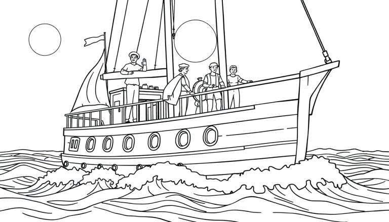 Un voilier dessiné avec des personnes à bord, naviguant sur des vagues agitées.