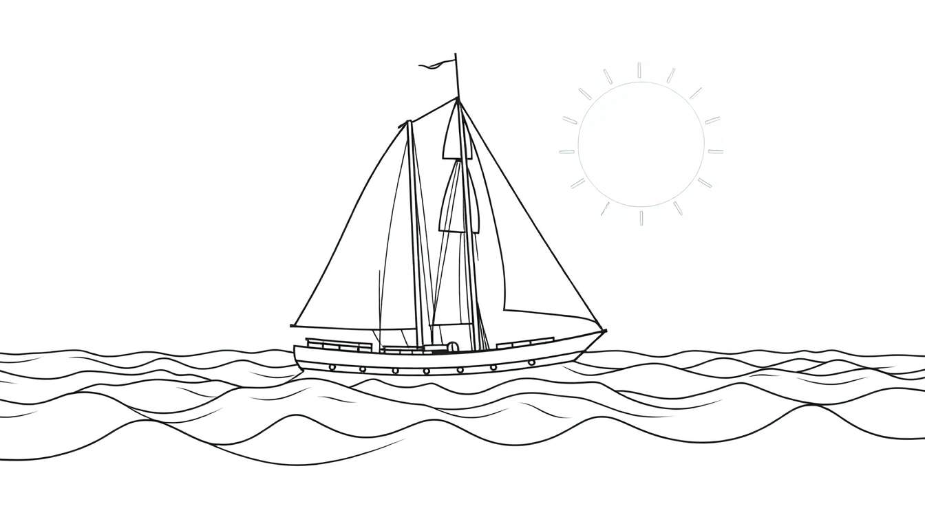 Un voilier avec deux voiles navigue sur une eau bleue agitée sous un soleil éclatant. C'est une scène parfaite pour un color panel.