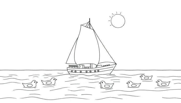 Un dessin au trait en noir et blanc d'un voilier naviguant sur l'eau avec des canards, sous un soleil.