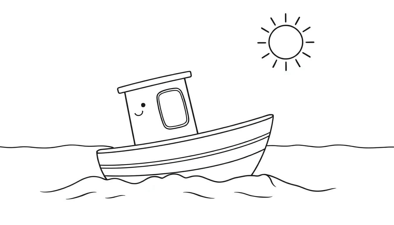 Un bateau souriant navigue sur une mer représentée par des lignes ondulées, avec un soleil rayonnant en arrière-plan. Ce color panel est prêt à être colorié.