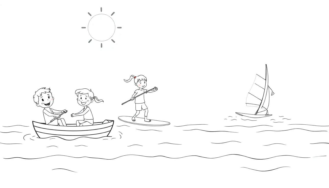 Illustration en noir et blanc d'enfants profitant d'une journée ensoleillée en bateau, en stand-up paddle et en voile.