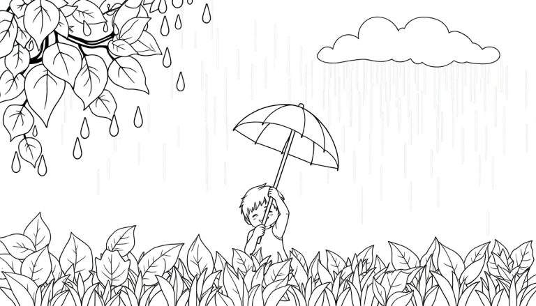 Un enfant avec un parapluie dans un paysage pluvieux, un color panel.