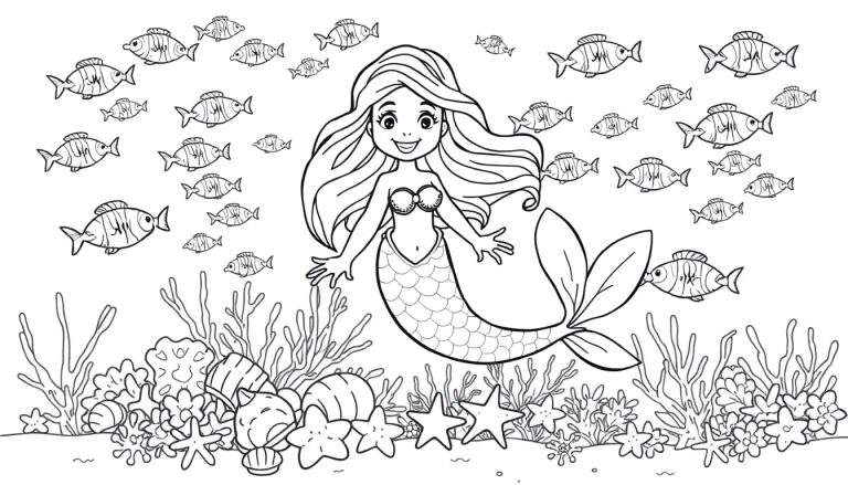 Une sirène souriante avec une queue de poisson nage dans un océan coloré, entourée de poissons, de coraux et d'herbes marines dans un color panel.