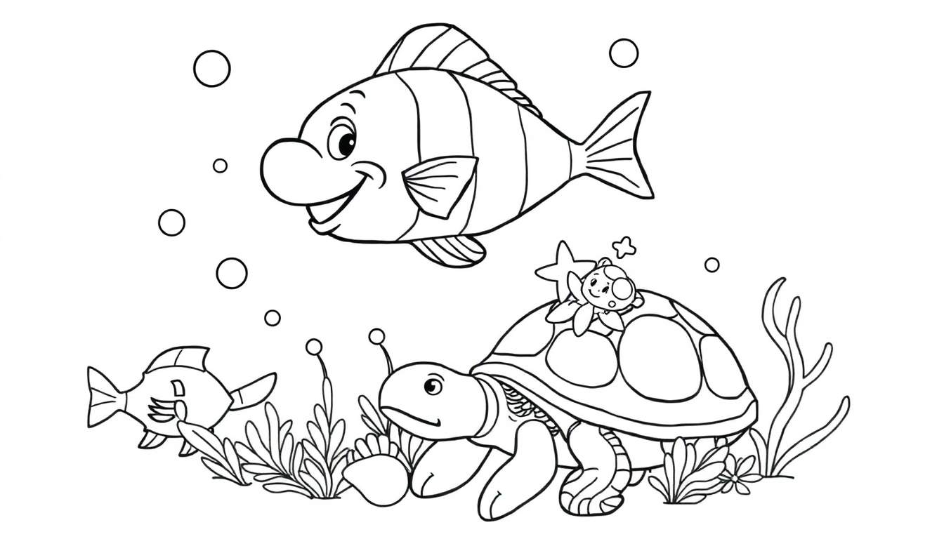 Dessin au trait noir et blanc d'un gros poisson souriant nageant entouré de bulles, avec une tortue et des poissons près de plantes marines.