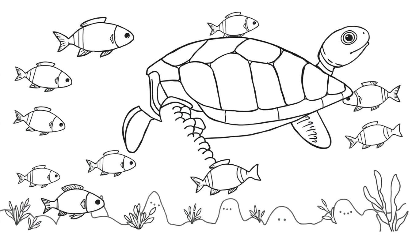 Dessin au trait d'une tortue marine nageant avec des poissons dans un fond marin, parfait pour un color panel.