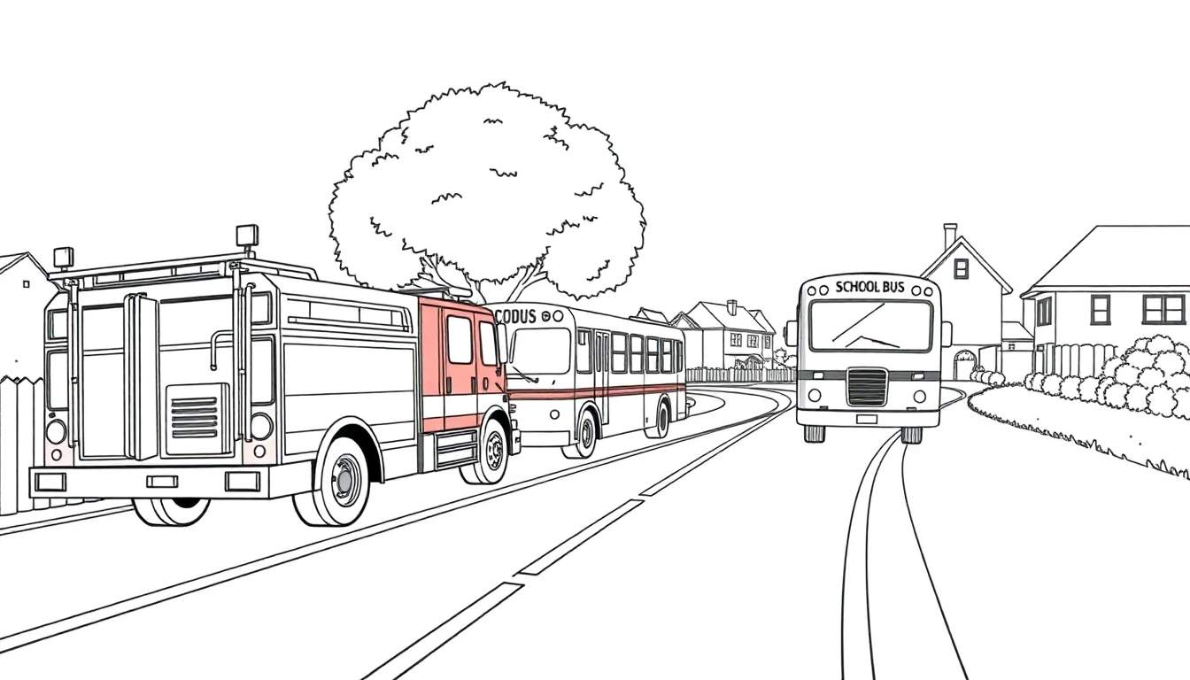 Un dessin au trait d'une rue résidentielle avec un camion de pompiers, un bus CODUS et un bus scolaire, entourés de maisons et d'arbres.
