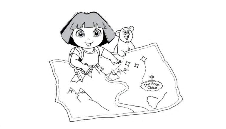 Dora l'exploratrice et Boots le singe regardent une carte pour leur prochaine aventure.