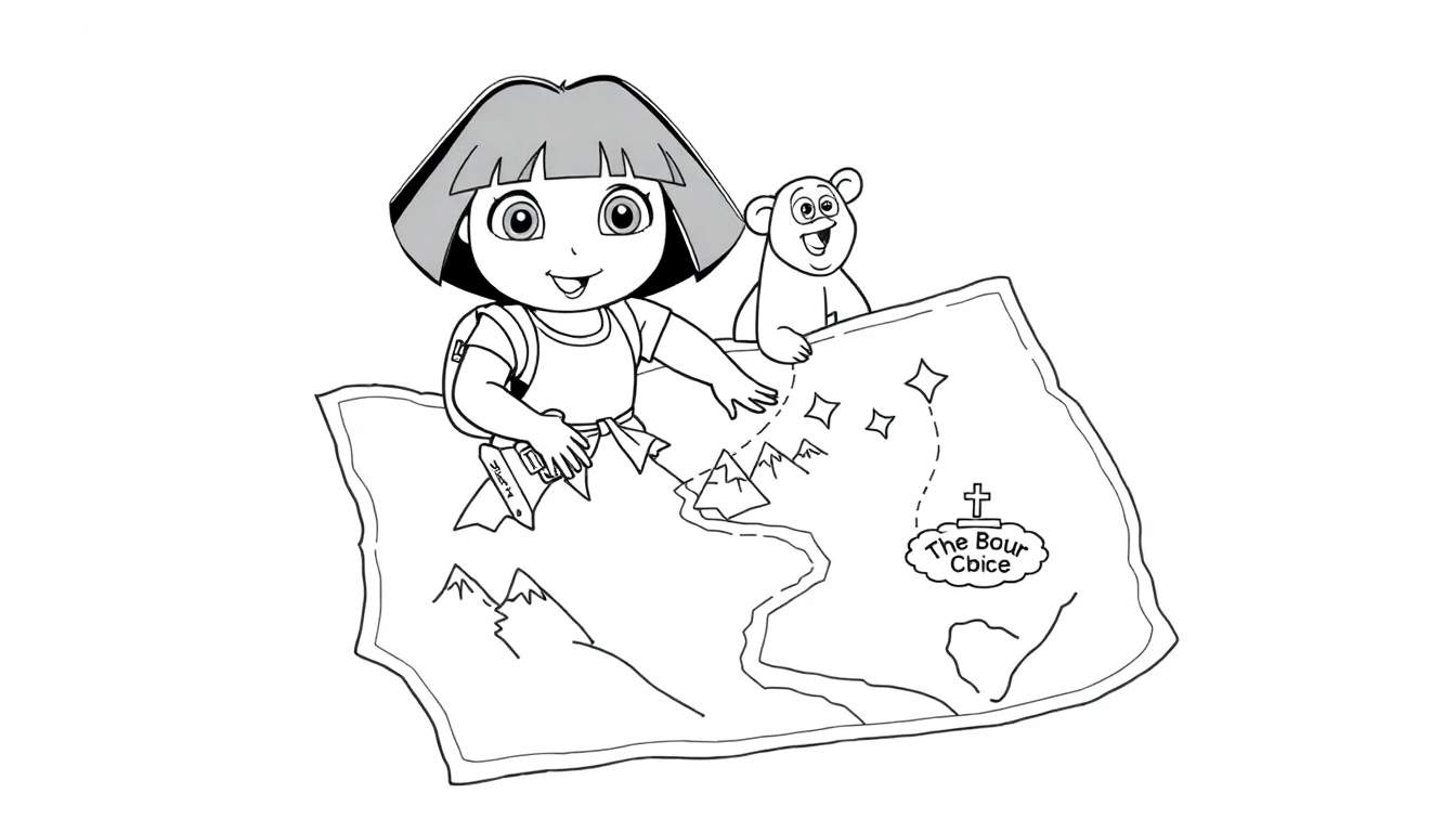 Dora l'exploratrice et Boots le singe regardent une carte pour leur prochaine aventure.