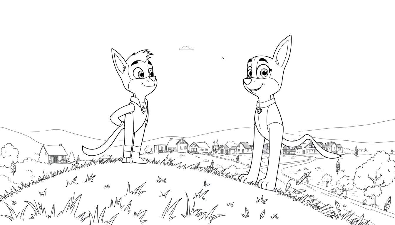 Deux chiens de dessin animé sur une colline avec une ville en arrière-plan, page de coloriage.