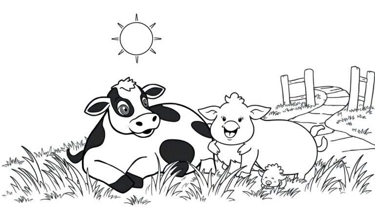 Un dessin au trait d'une ferme avec une vache, un cochon et un agneau sous un soleil, un color panel.
