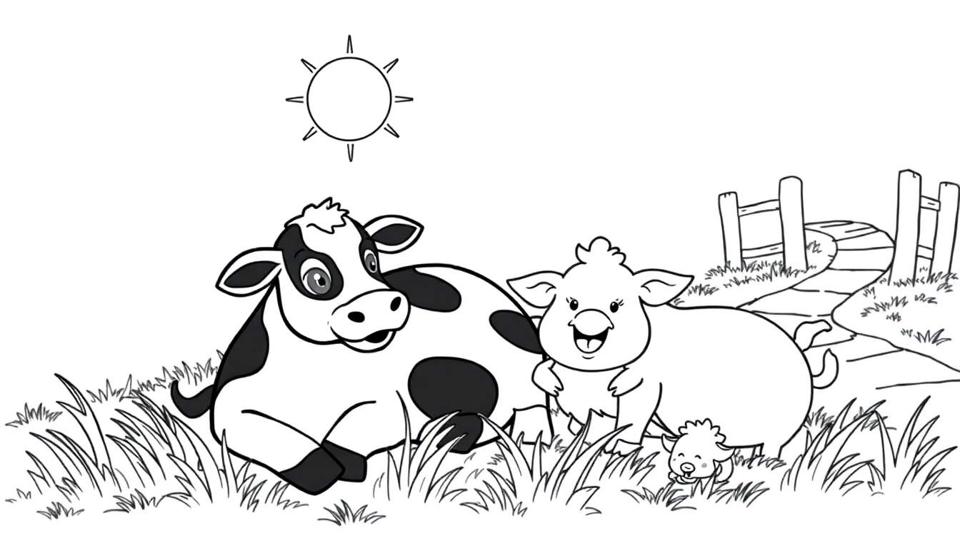 Un dessin au trait d'une ferme avec une vache, un cochon et un agneau sous un soleil, un color panel.