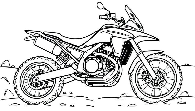 Moto tout-terrain pour livre de coloriage, vue de côté, lignes noires sur fond blanc, prête à être coloriée.