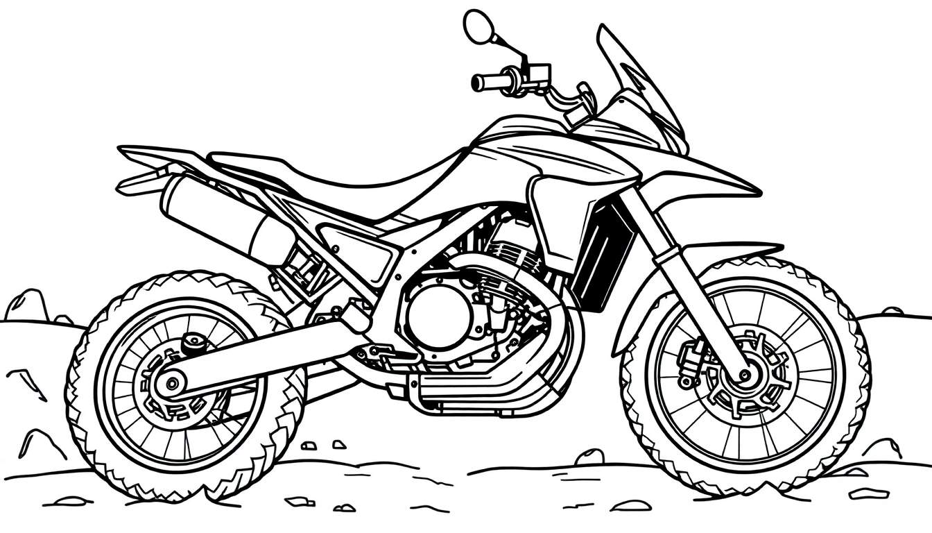 Moto tout-terrain pour livre de coloriage, vue de côté, lignes noires sur fond blanc, prête à être coloriée.