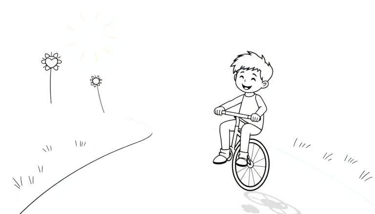 Dessin au trait d'un garçon souriant à vélo, chemin ensoleillé, fleurs, herbe et soleil.