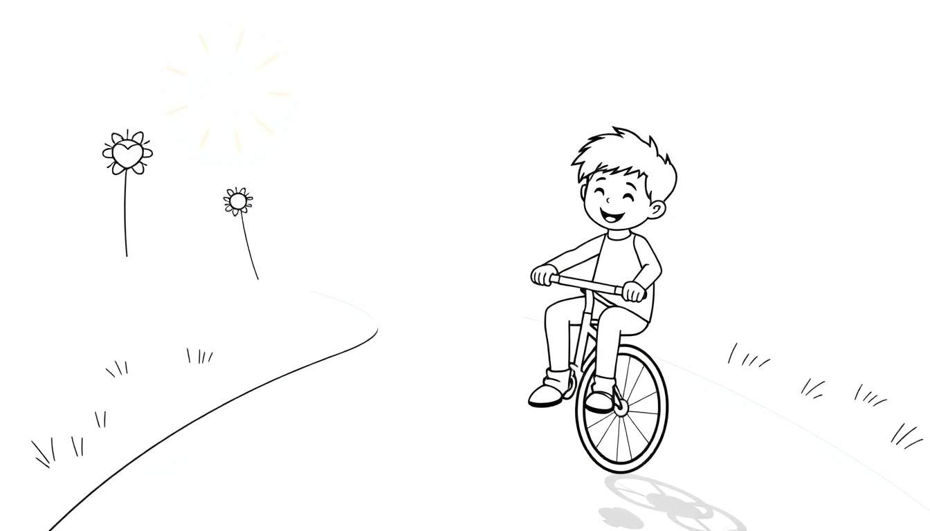 Dessin au trait d'un garçon souriant à vélo, chemin ensoleillé, fleurs, herbe et soleil.