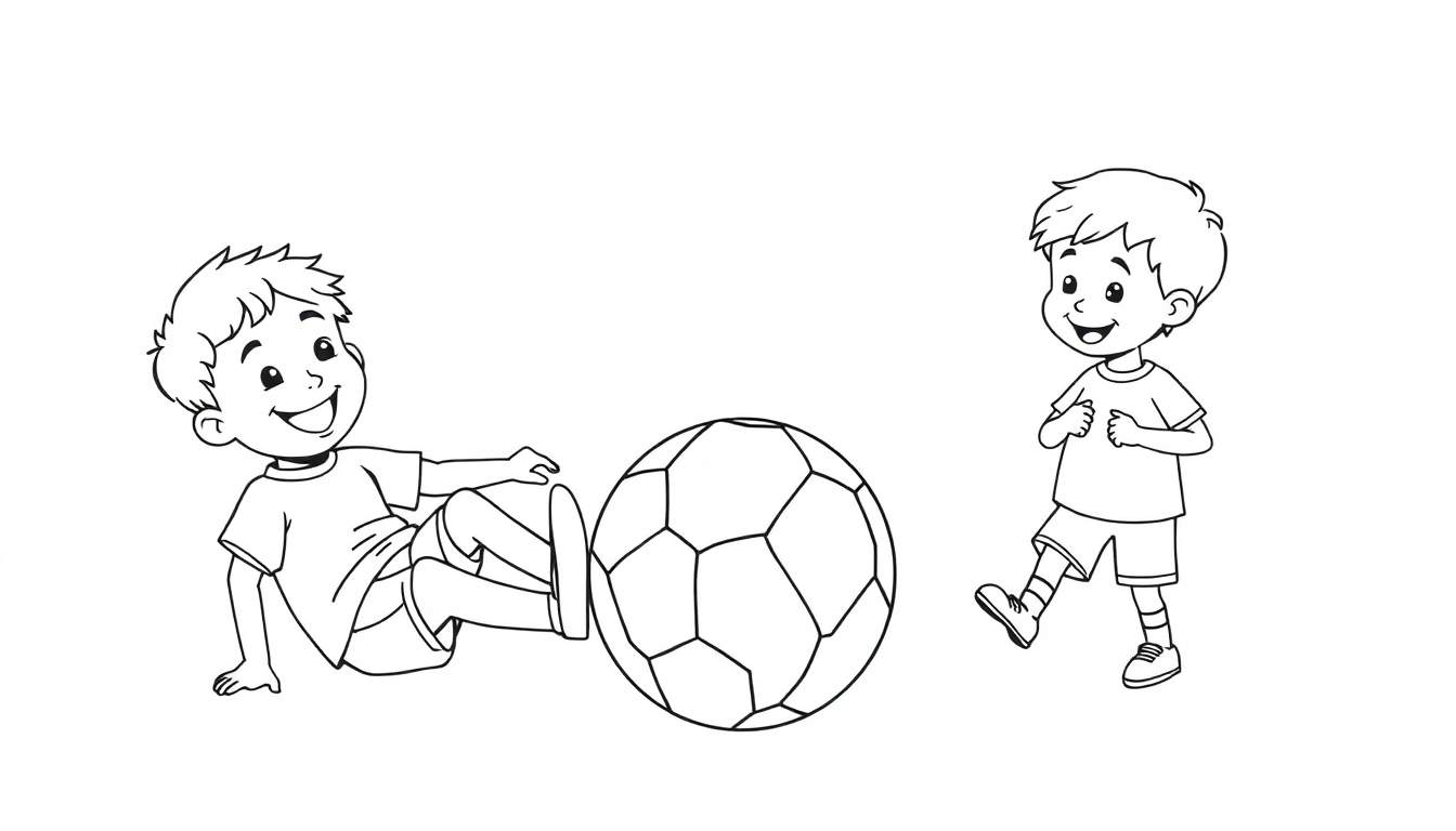 Dessin en noir et blanc de deux jeunes garçons jouant au football, avec des lignes claires et un style enfantin, suggérant le bonheur et l'innocence du jeu. Ce color panel est prêt à être colorié.