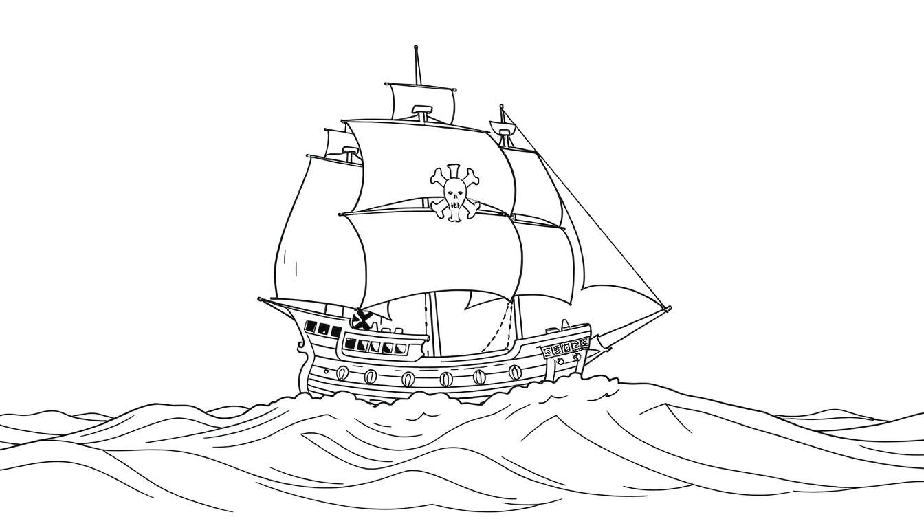 Un navire pirate avec un Jolly Roger navigue sur des vagues agitées, prêt pour le color panel.