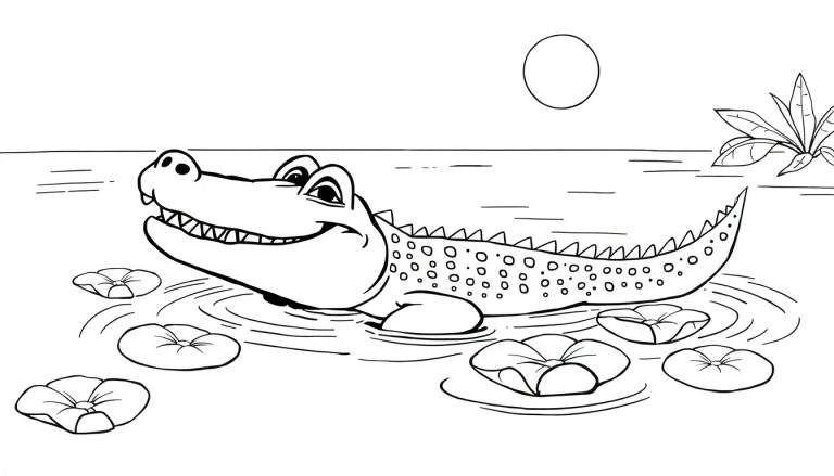 Dessin au trait d'un alligator souriant nageant dans des nénuphars, prêt pour un color panel.