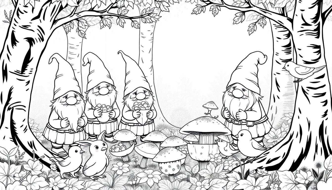 Page de coloriage d'une forêt fantaisiste avec des gnomes joyeux et des animaux mignons.