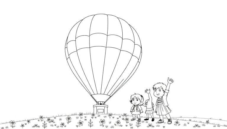 Dessin au trait d'enfants excités regardant une grande montgolfière, avec des fleurs et de l'herbe dans le color panel.