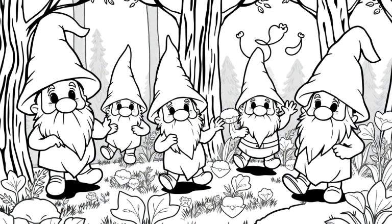 Dessin de gnomes dans une forêt pour un color panel.