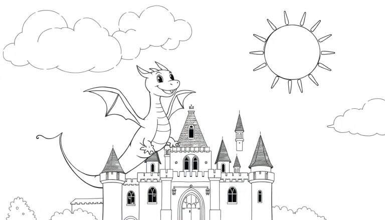 Un dessin au trait d'un château fantastique avec un dragon souriant volant devant, un soleil et des nuages dans le ciel, et des buissons en bas.