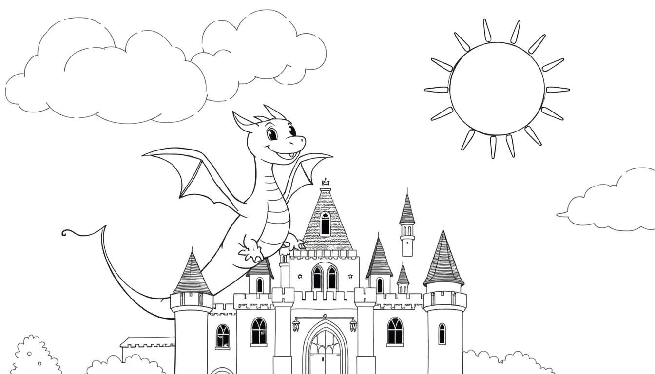 Un dessin au trait d'un château fantastique avec un dragon souriant volant devant, un soleil et des nuages dans le ciel, et des buissons en bas.