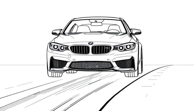 Dessin au trait d'une BMW M3 rouge vif sur une route, vue de face, avec des jantes noires, dans un style color panel.