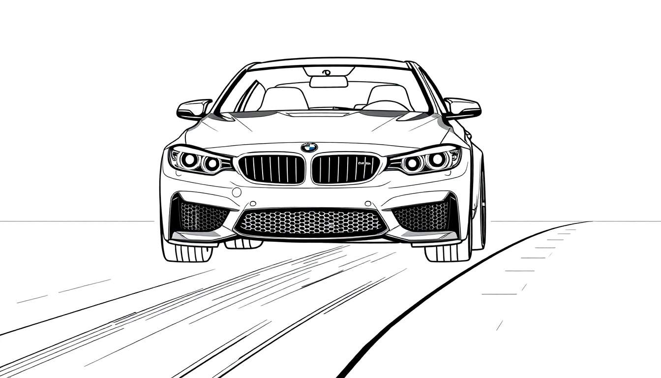 Dessin au trait d'une BMW M3 rouge vif sur une route, vue de face, avec des jantes noires, dans un style color panel.