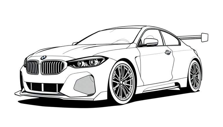 Dessin au trait d'une voiture de sport BMW vue de trois quarts avant, avec un color panel suggérant les couleurs vives.