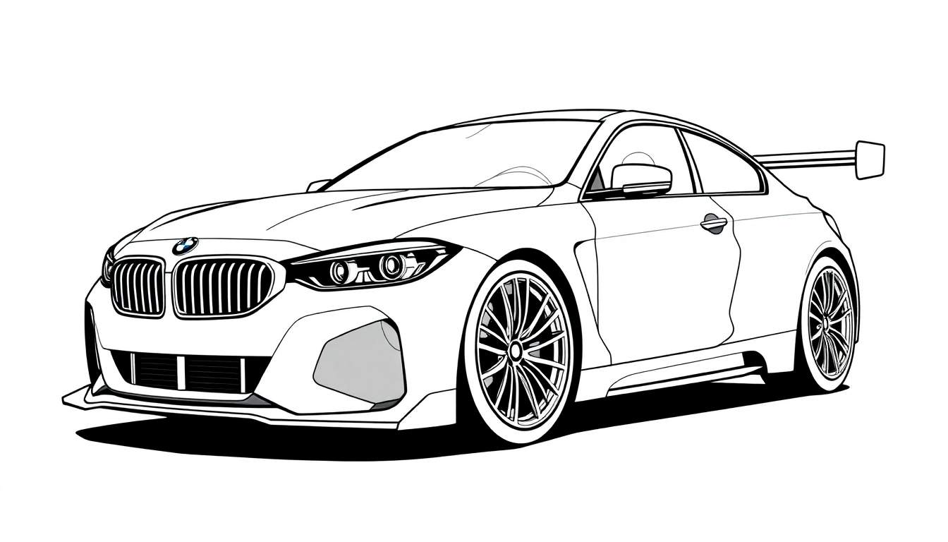 Dessin au trait d'une voiture de sport BMW vue de trois quarts avant, avec un color panel suggérant les couleurs vives.