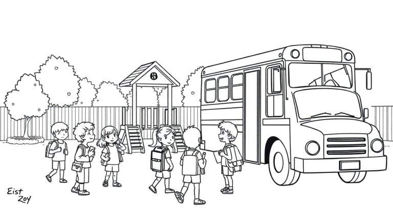 A black and white sketch of children waiting for a school bus with a playground in the background, a colour plate.