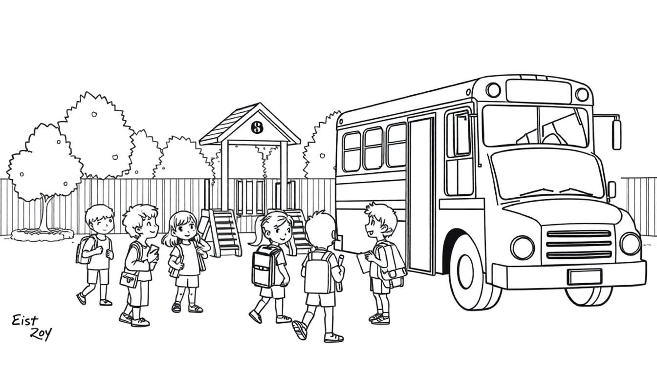A black and white sketch of children waiting for a school bus with a playground in the background, a colour plate.