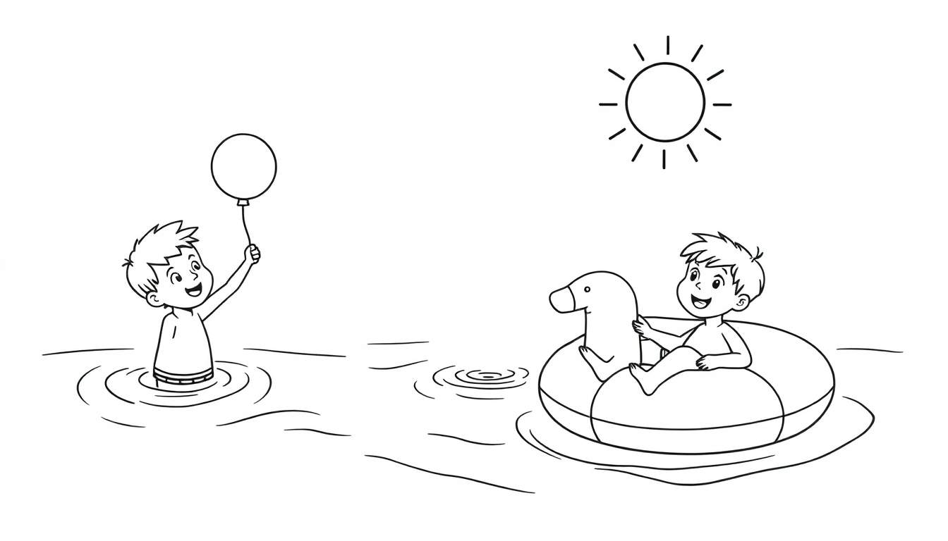 Page de coloriage avec deux garçons joyeux jouant dans l'eau sous un soleil radieux.