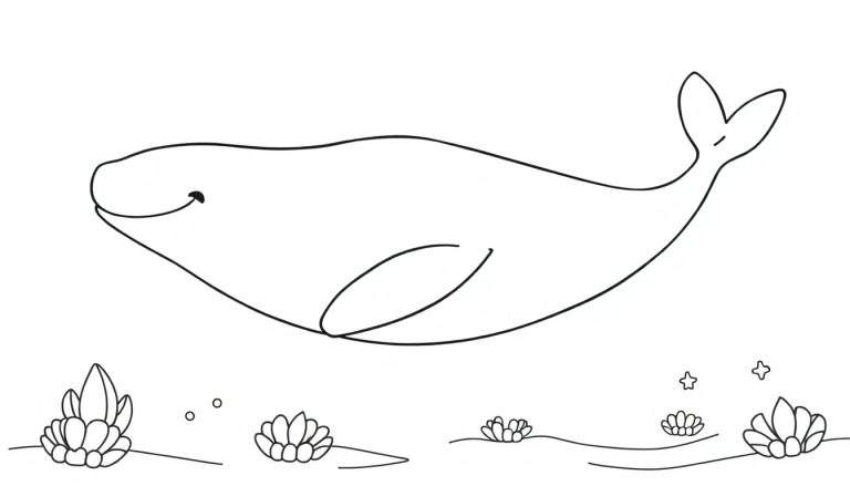 Dessin au trait d'une baleine souriante avec des bulles et des étoiles de mer, prêt pour un color panel.