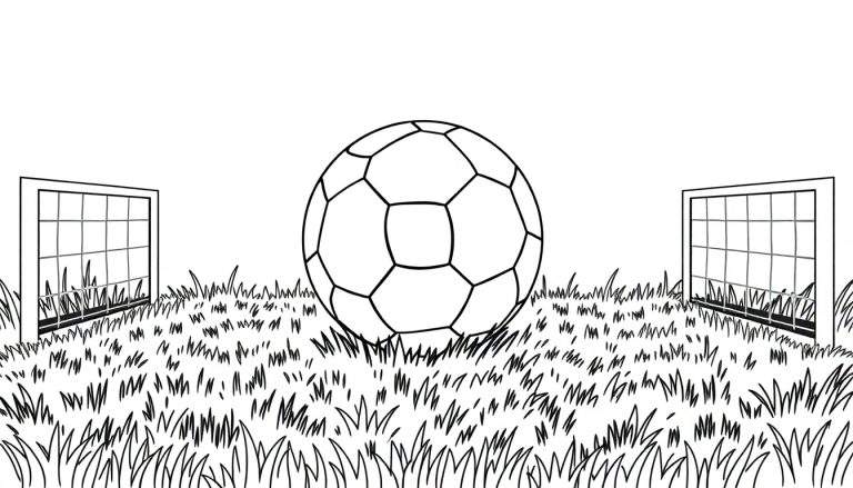 Page de coloriage en noir et blanc d'un ballon de football entre deux buts, sur un terrain d'herbe. Un super color panel pour imaginer un match.