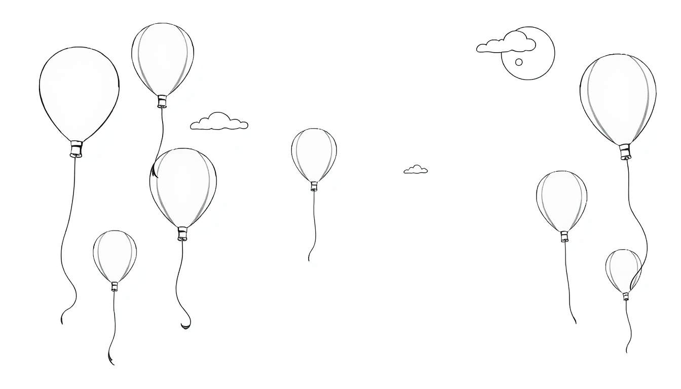 Dessin au trait en noir et blanc de sept ballons flottant dans le ciel avec des nuages et un soleil/lune partiel.