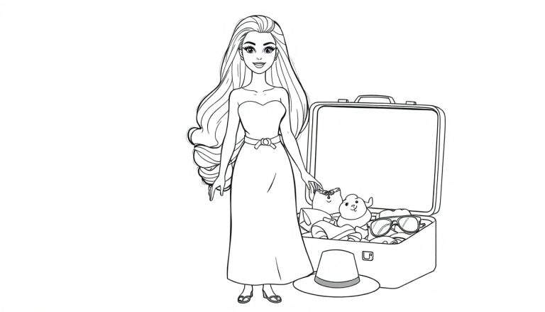Une poupée Barbie avec une robe longue et une valise ouverte remplie d'objets.