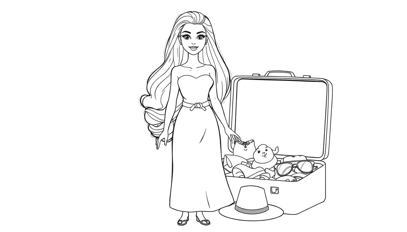 Une poupée Barbie avec une robe longue et une valise ouverte remplie d'objets.
