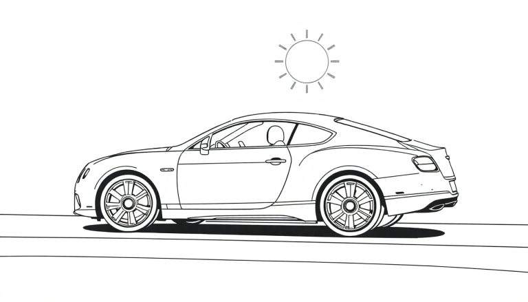 Une Bentley Continental GT blanche en dessin au trait, vue de profil sur une route ensoleillée avec le soleil en haut.
