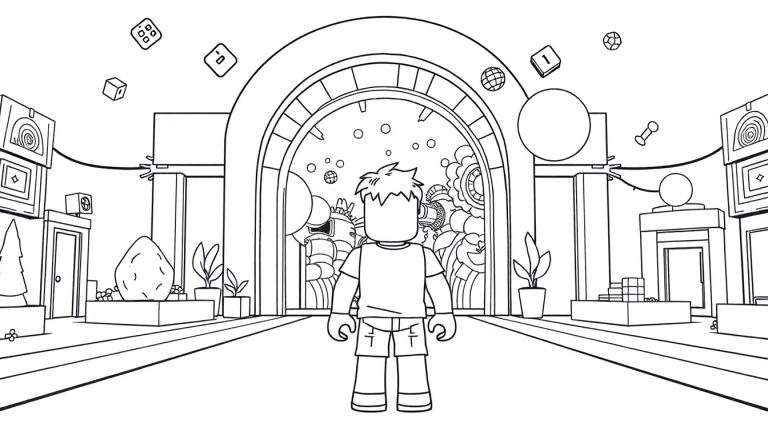 Un personnage cubique de Roblox se tient devant une arche menant à un monde de jeu animé, entouré d'objets flottants et de décorations de hall, y compris un panneau de couleur.