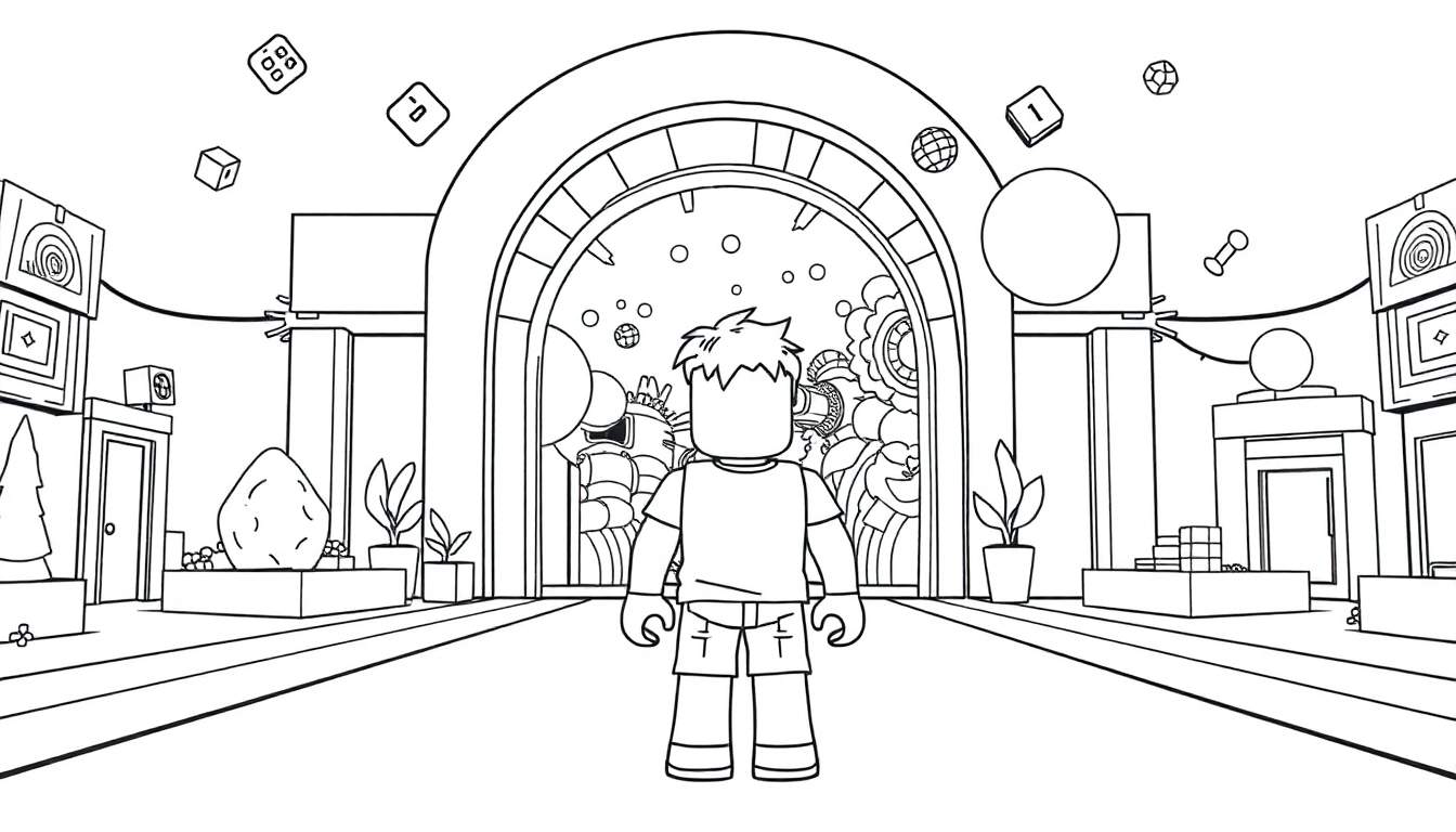 Un personnage cubique de Roblox se tient devant une arche menant à un monde de jeu animé, entouré d'objets flottants et de décorations de hall, y compris un panneau de couleur.