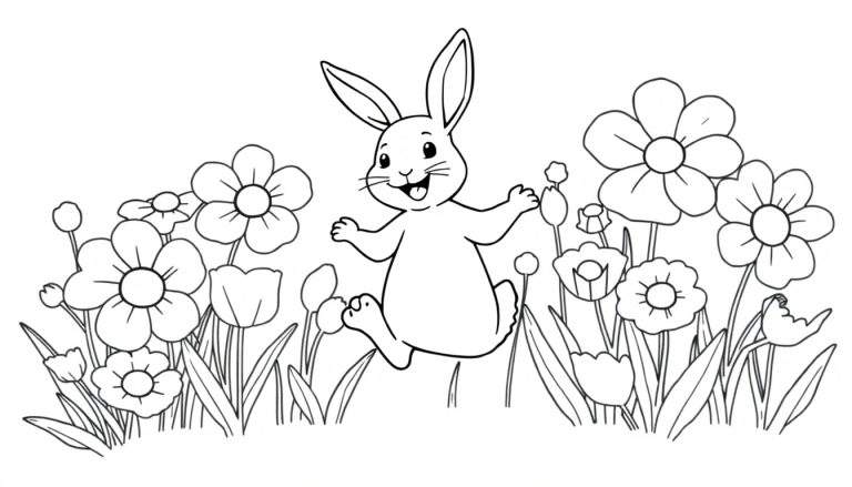 Un lapin noir et blanc avec de longues oreilles saute dans un parterre de fleurs, prêt à être colorié sur le color panel.