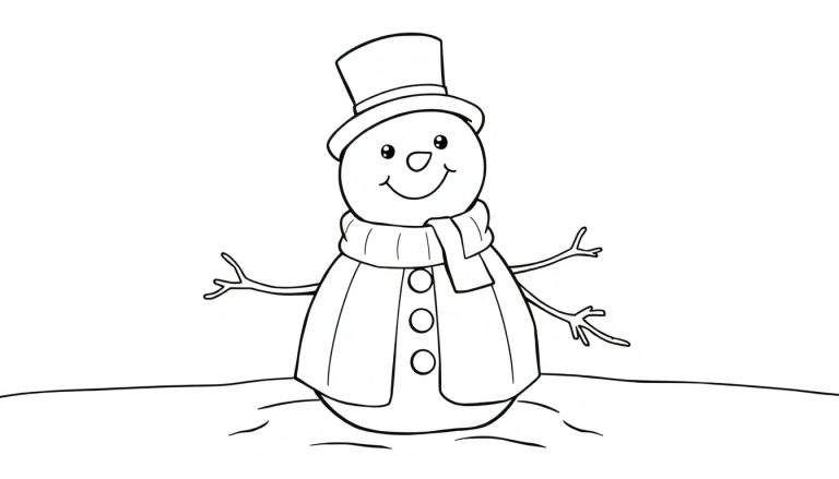 Bonhomme de neige joyeux avec un chapeau haut de forme et une écharpe, dessiné en traits noirs sur fond blanc. Il a des boutons, des yeux et une bouche en cailloux, et des brindilles pour les bras.
